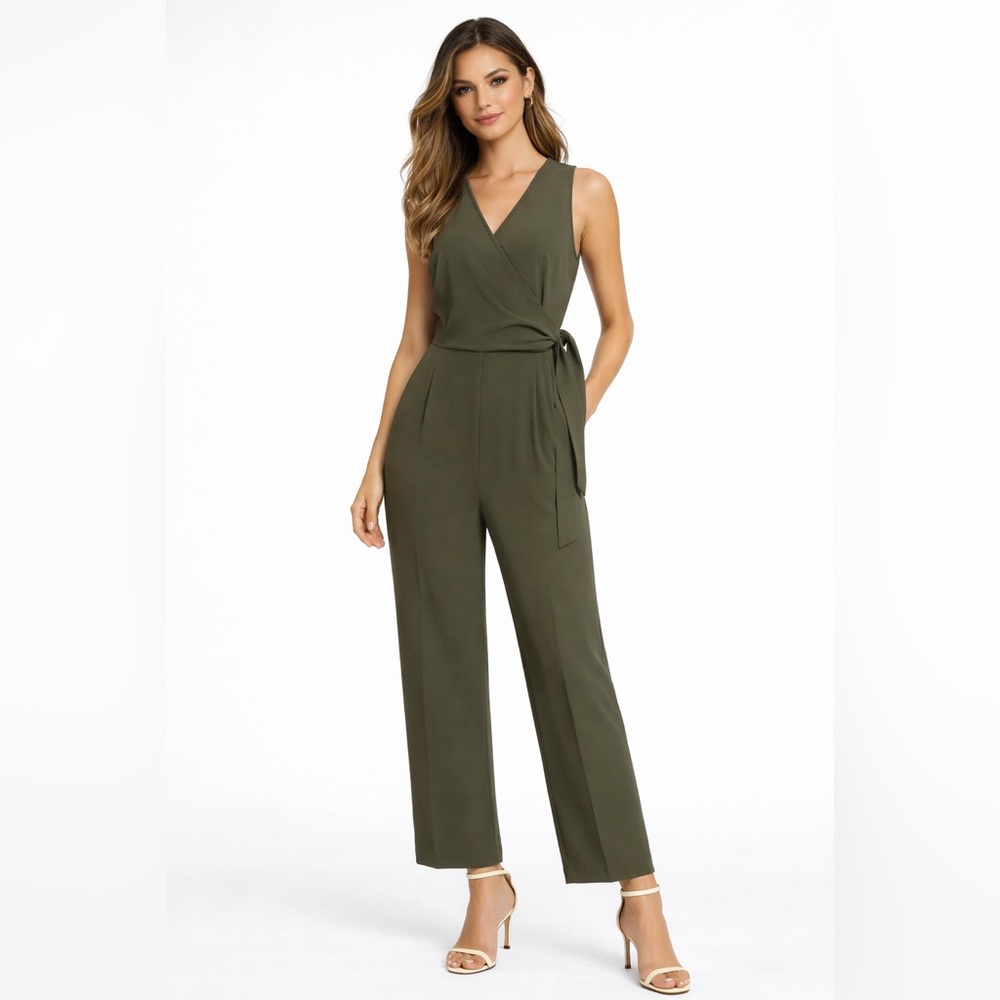 Bar III Dusty Olive V-Neck Sleeveless Side Tie Jumpsuit Women’s Small NWT